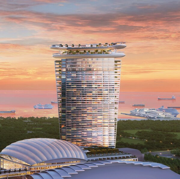 The soaring new hotel tower and arena set against the horizon. 
(Image courtesy of Safdie Architects)