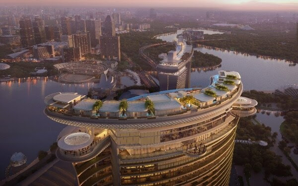 The revolutionary Skyloop from an aerial perspective that highlights the distinct design of its twin wings. (Image courtesy of Safdie Architects)